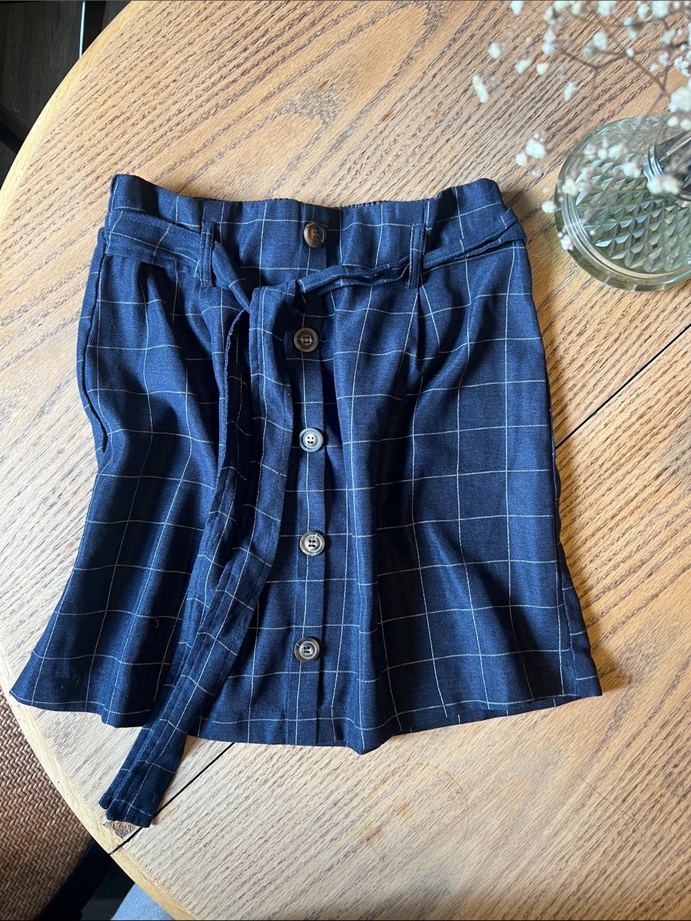 Have Navy Windowpane Plaid Button-Front Mini Skirt with Tie